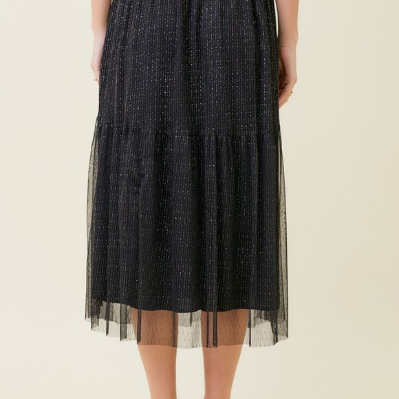 MYSTREE Black Sparkle Mesh Midi Skirt | Shimmer Tiered Tulle | Boutique Trendy - Picture 5 of 8